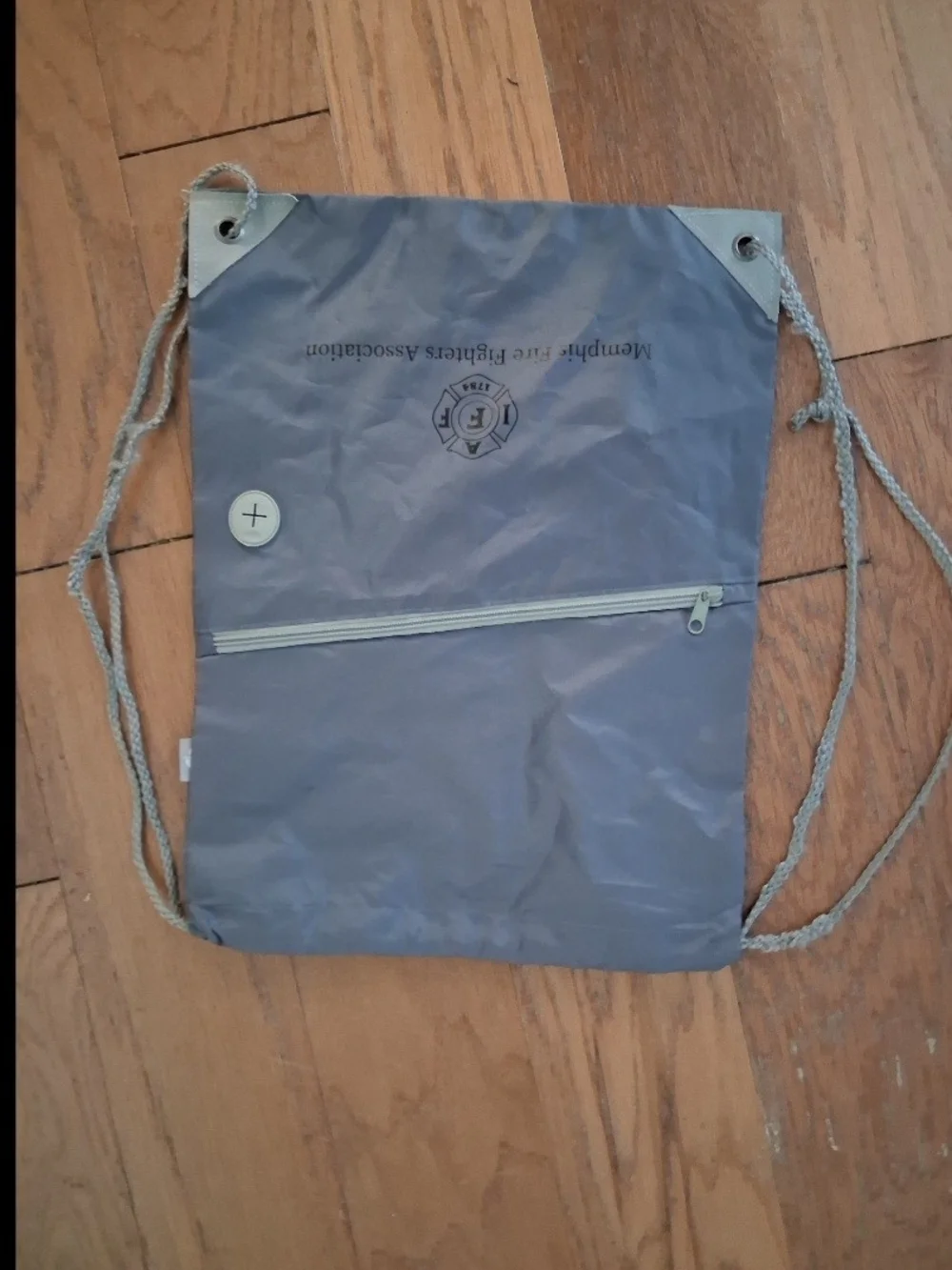 Gray Drawstring Backpack. Fire Fighter
